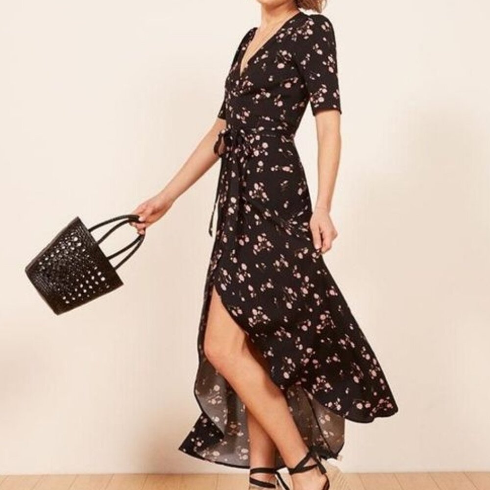 Reformation Black Floral Wrap Dress S